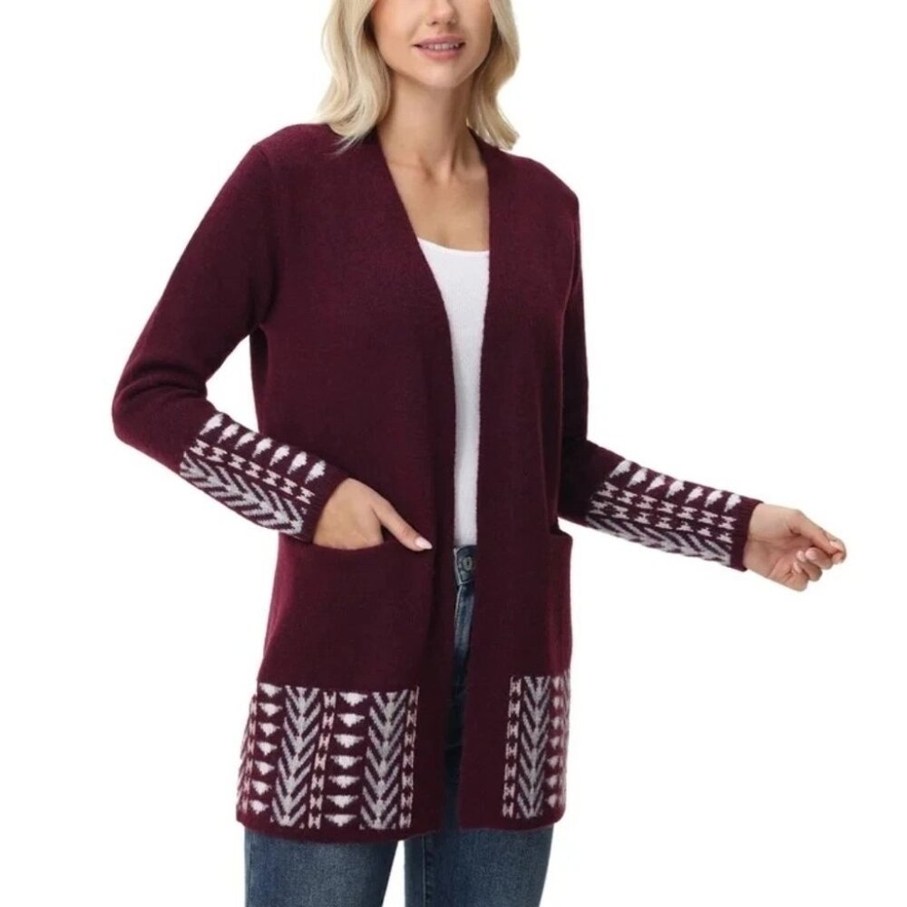 Frye Women's L Burgundy Open Front Cardigan Sweater Aztec Pattern N0531 - Picture 3 of 12
